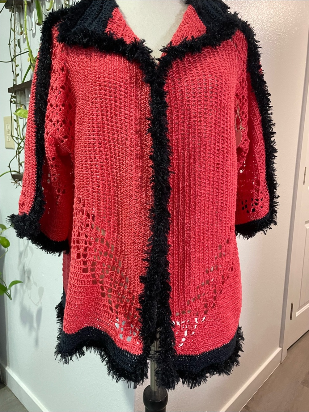 Red  pinkCrochet Knit Cardigan with Black Trim - Women's Sweaters